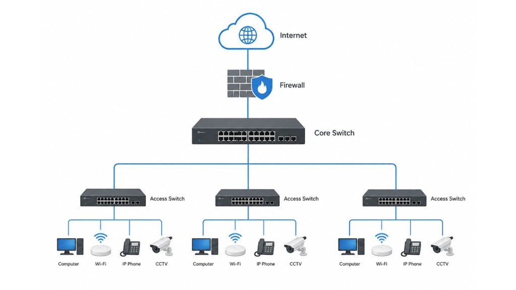 ตัวอย่างโครงสร้างระบบ Network Infrastructure ที่ประกอบด้วย Firewall, Core Switch, Access Switch, WiFi, IP Phone และ CCTV