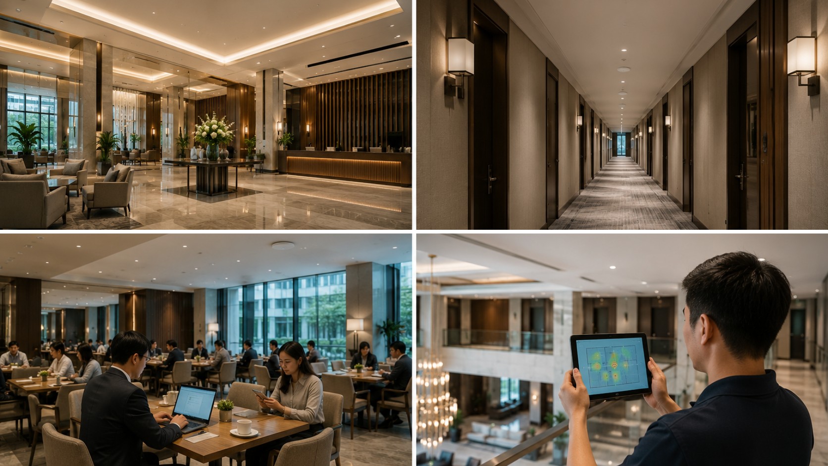 ระบบ WiFi สำหรับโรงแรมระดับองค์กร แสดง Access Point ติดตั้งบนเพดานภายในล็อบบี้ โถงทางเดิน ห้องอาหาร และวิศวกรกำลังสำรวจสัญญาณ WiFi เพื่อออกแบบเครือข่าย