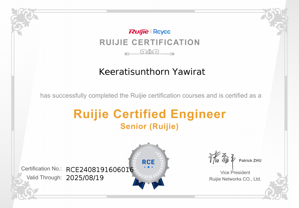 Ruijie Certified Engineer Senior (RCE Senior) Certificate for Keeratisunthorn Yawirat - Beenet Engineering