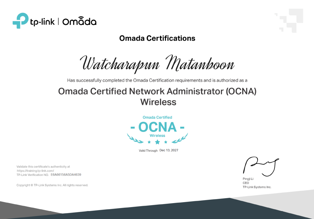 TP-Link Omada Certified Network Administrator (OCNA) Wireless Certificate for Watcharapun Matanboon - Beenet Engineering