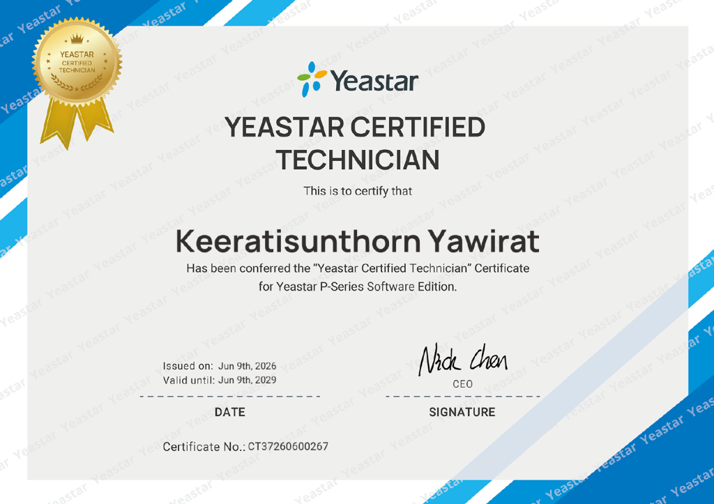 Yeastar Certified Technician Certificate for Keeratisunthorn Yawirat - Beenet Engineering