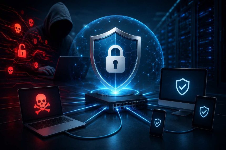 การป้องกัน Ransomware และ Cyber Security สำหรับองค์กร แสดงระบบ Network Security, Firewall Protection, Data Protection และ Enterprise IT Infrastructure