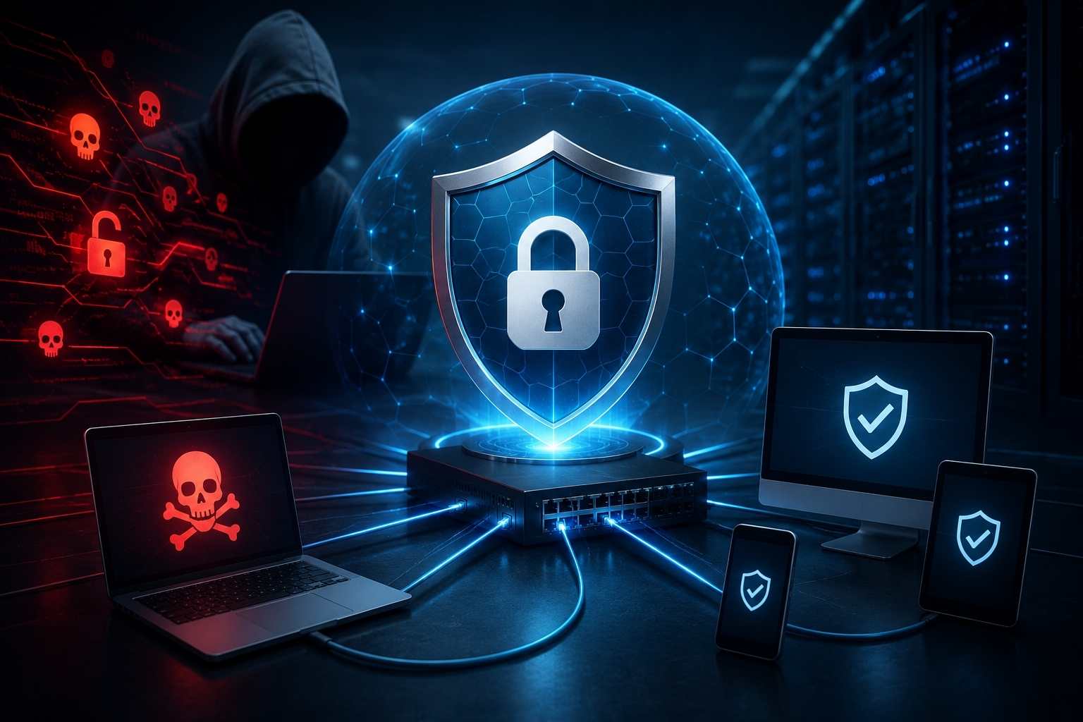 การป้องกัน Ransomware และ Cyber Security สำหรับองค์กร แสดงระบบ Network Security, Firewall Protection, Data Protection และ Enterprise IT Infrastructure
