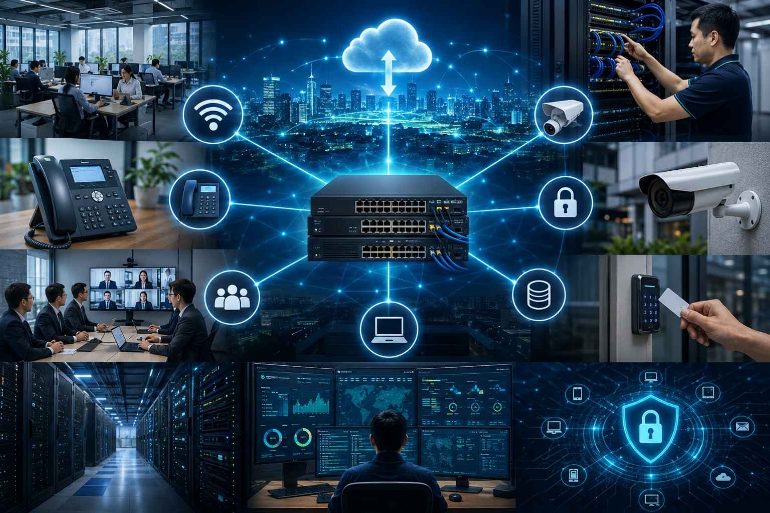 ภาพแสดง Converged Network Infrastructure ที่เชื่อมโยงระบบ Enterprise Wi-Fi, IP Phone, Video Conference, Cloud, Server, IP CCTV, Access Control, Data Center และ Cybersecurity บนโครงสร้างพื้นฐานเครือข่ายองค์กรเดียว
