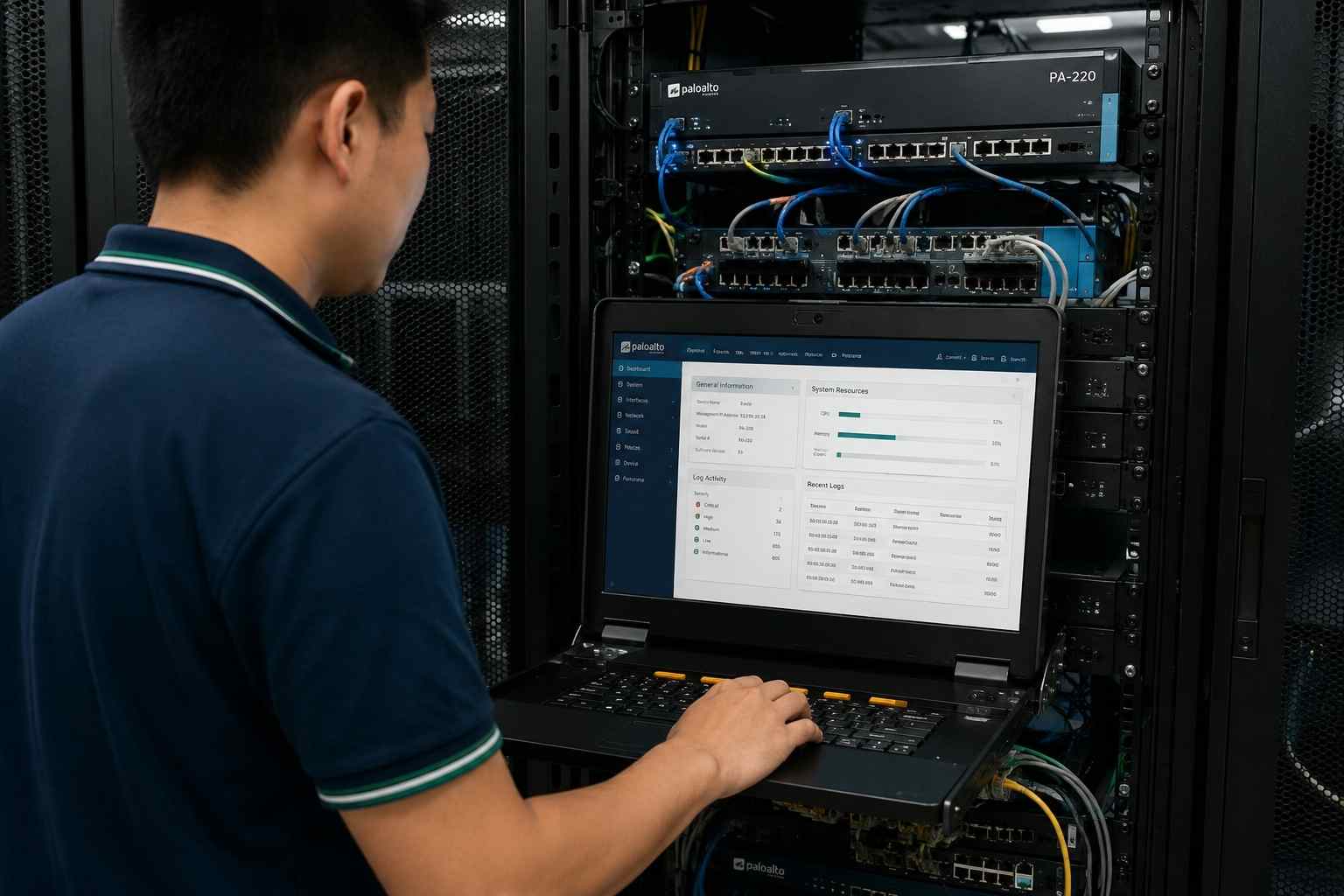 วิศวกรเครือข่ายกำลังติดตั้งและตั้งค่า Next-Generation Firewall ภายในห้อง Server Rack สำหรับระบบรักษาความปลอดภัยเครือข่ายขององค์กร