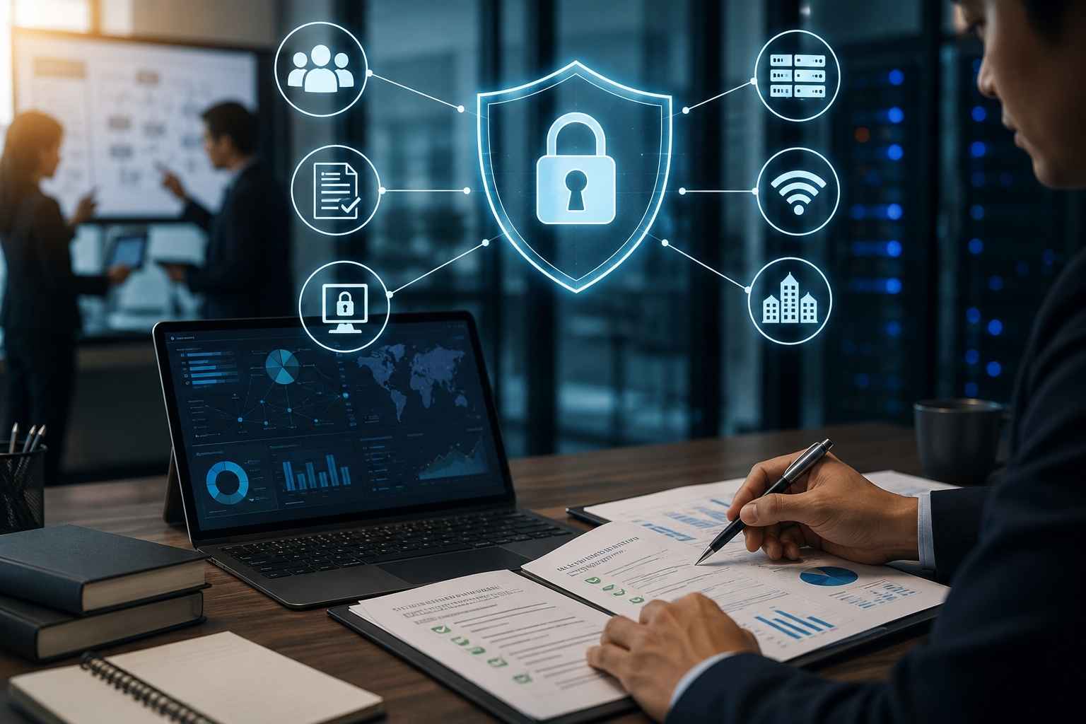 ผู้เชี่ยวชาญด้าน Cyber Security กำลังตรวจสอบ Security Policy และกำหนดนโยบายความปลอดภัยของระบบเครือข่ายองค์กร
