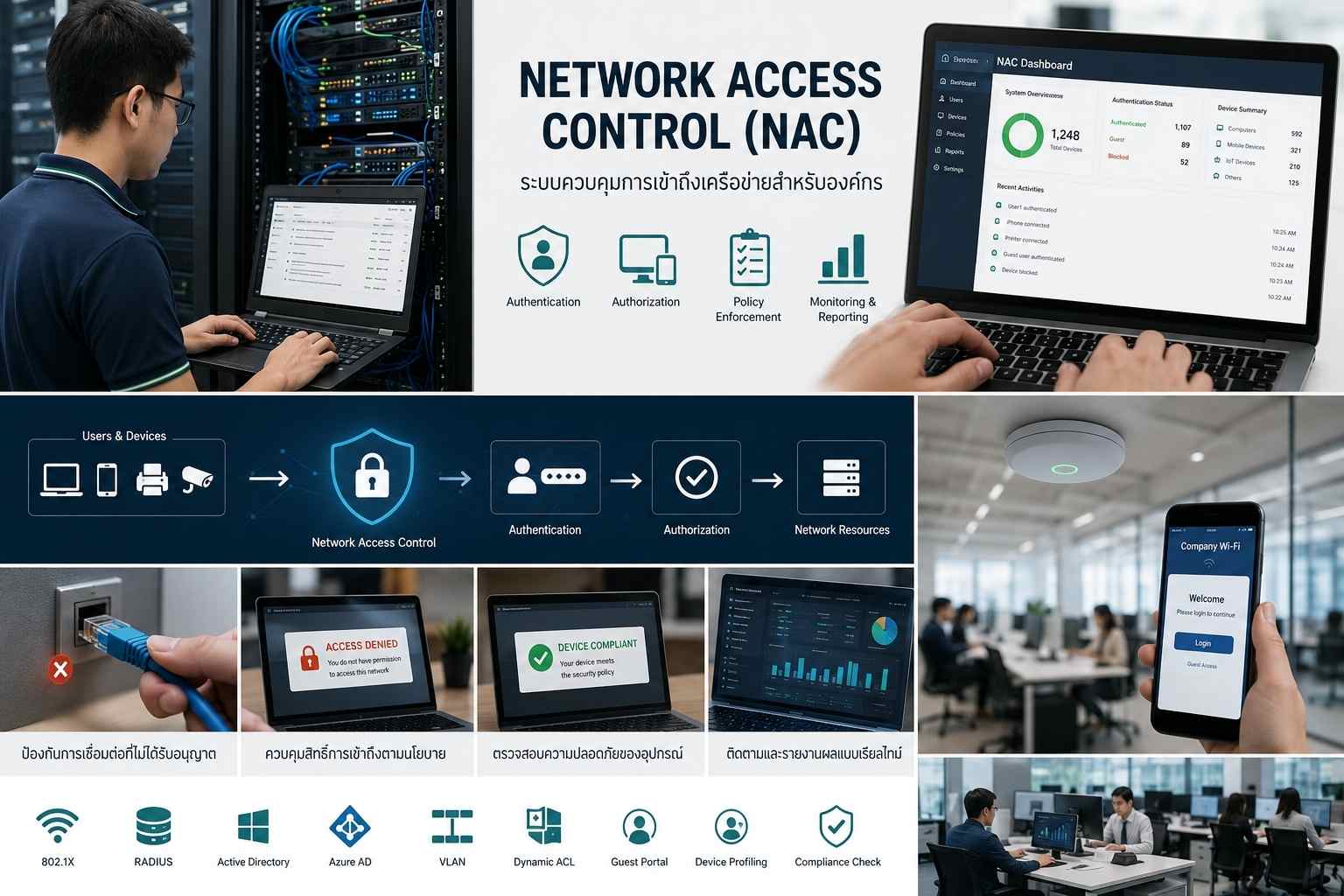 ระบบ Network Access Control (NAC) สำหรับองค์กร แสดงการตรวจสอบตัวตนผู้ใช้งานและอุปกรณ์ก่อนอนุญาตให้เชื่อมต่อเครือข่าย พร้อมบริหารสิทธิ์การเข้าถึงและติดตามความปลอดภัยแบบเรียลไทม์