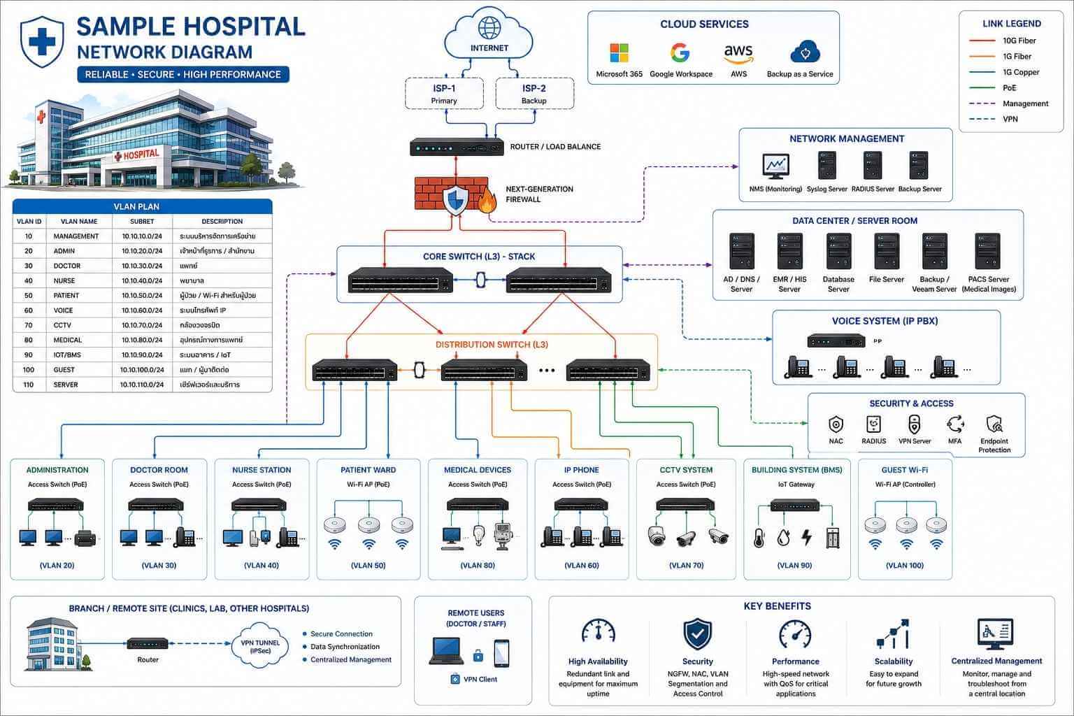 ตัวอย่าง Hospital Network Diagram แสดงโครงสร้างเครือข่ายโรงพยาบาล ประกอบด้วย Internet, Next-Generation Firewall, Core Switch, Distribution Switch, Data Center, EMR/HIS, PACS, IP Phone, CCTV, Guest Wi-Fi และการแบ่ง VLAN สำหรับแต่ละแผนก
