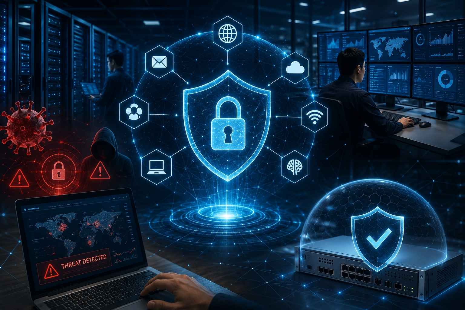 ระบบ Threat Prevention และ Malware Protection สำหรับองค์กร แสดงการป้องกันภัยคุกคามไซเบอร์ด้วย Firewall, IPS, Security Monitoring และการวิเคราะห์มัลแวร์แบบหลายชั้น